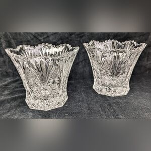 Vintage Pair Crystal Glass Votives Starburst/Rose Pattern Saw Tooth Edges D2